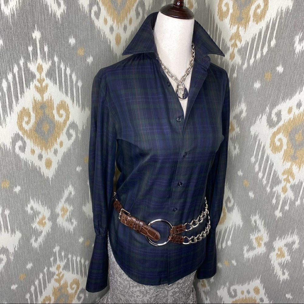 Ralph Lauren Blackwatch Tartan Plaid Polished Cotton L/S Puff Sleeve Blouse